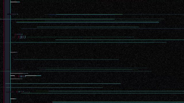 Abstract digital glitch effect displays horizontal cyan and green lines on a black background. these neon static streaks create a sharp vhs noise and error.