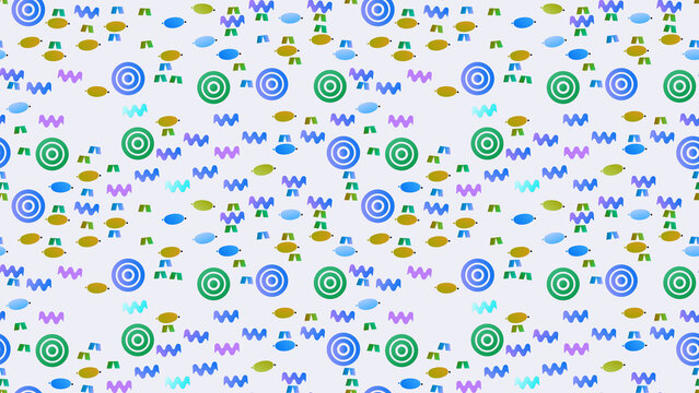 Seamless pattern of abstract fish, circles, and zig-zags