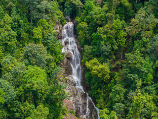 Towering waterfall cascades through emerald forest canopy. Rocky cliff face glistens with rushing © Cloudyew