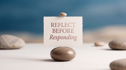 Naklejka premium Mindfulness and Communication Concept Featuring Balanced Zen Stones Holding a Card with Inspirational Message Reflect Before Responding Against a Soft Blurred Coastal Sea Background