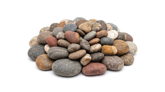 Pile of smooth colorful sea pebbles isolated on white background