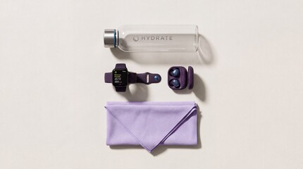 Naklejka premium Top down flat lay of fitness and gym essentials including a clear glass water bottle, a purple smartwatch with workout stats, wireless earbuds, and a purple microfiber towel on a white surface