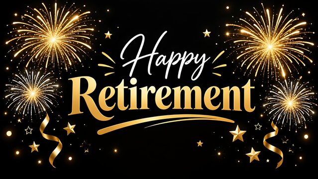 Happy retirement golden typography banner with festive fireworks background
