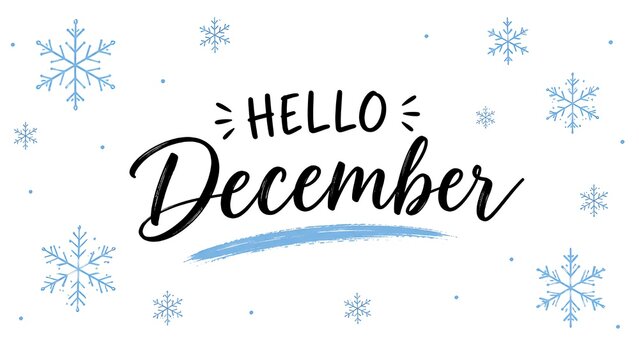 Hello december minimalist greeting typography with blue snowflakes pattern