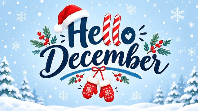 Hello december festive background with santa hat mittens and snowman forest