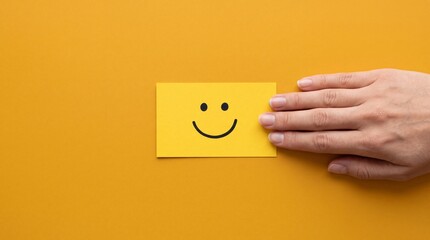Naklejka premium Top down view of a hand touching a yellow card with a happy smiley face icon on a yellow background, representing customer satisfaction, positive feedback, optimism, and mental health awareness.