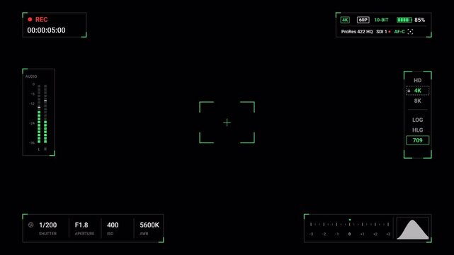 Modular Camera Hud with Six Fixed Information Modules, Exposure, Audio, LUT and Histogram Controls on Transparent Background for Video Editing. 4K