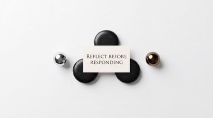 Naklejka premium Minimalist Zen Composition with Smooth Black Stones and Metallic Spheres Featuring a Card with the Quote Reflect Before Responding on a Clean White Background for Communication Concept