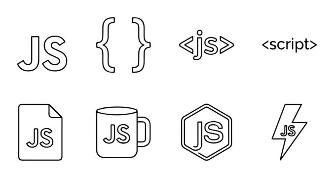 JavaScript logos and icons set with code symbols, file and mug, web development