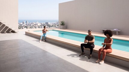 Naklejka premium Diverse group of active friends in sportswear checking their smartwatches by a luxury rooftop pool with a panoramic city view background, concept of fitness tracking and healthy lifestyle.