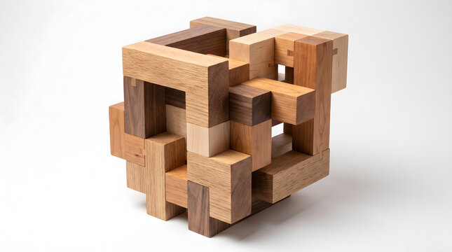 Complex interlocking wooden cube puzzle constructed from various textured hardwood pieces displaying natural grain patterns captured under bright studio illumination against a clean backdrop