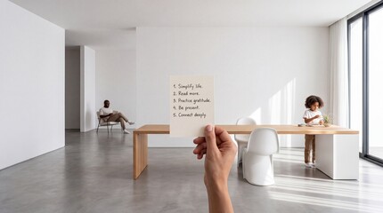 Naklejka premium A person holding a handwritten list of mindfulness goals like simplify life and practice gratitude in a bright minimalist home interior with a father and child in the background for slow living