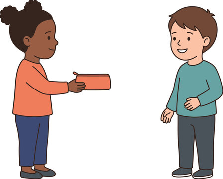 Child Returning Dropped Pencil Case Kindness Vector Illustration