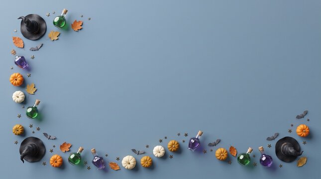Festive halloween banner featuring colorful decorative glass ornaments arranged in a creative corner border on blue background