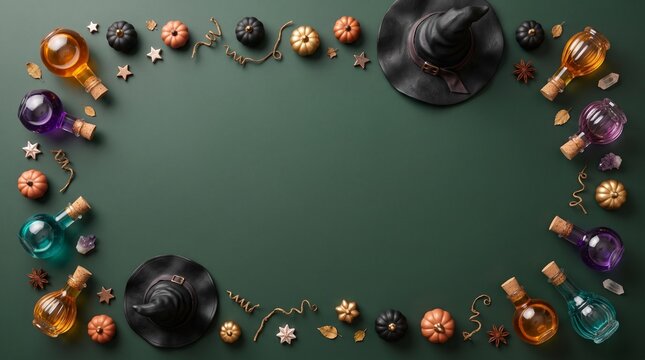 A festive flat lay halloween banner featuring magical potion bottles and witch hats on a dark green background