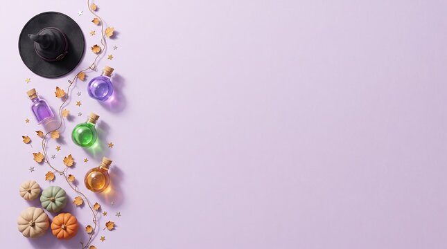 Festive halloween banner with a witch hat and colorful potion bottles on a soft purple background flat lay