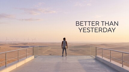 Naklejka premium Back view of a determined athletic man standing on a modern observation deck looking at a renewable energy farm with wind turbines and solar panels in the desert with Better Than Yesterday text.