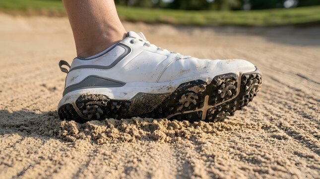 Close up of a golf shoe sole pressed into sand