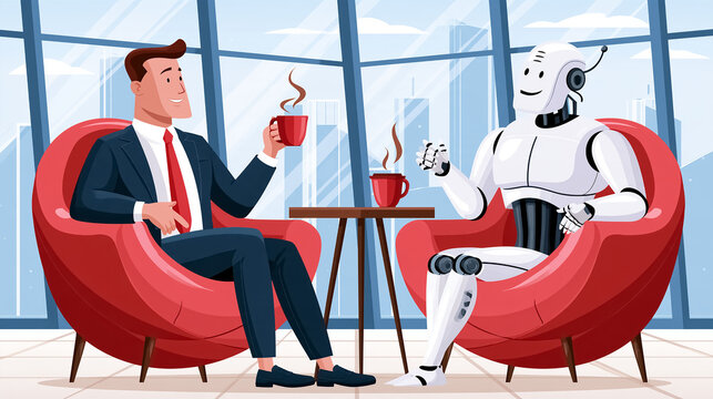 Friendly businessman and robot colleague talking with cups in the office lounge area, flat design cartoon style, break