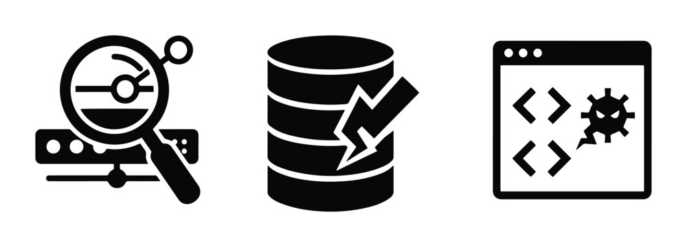 Server monitoring, database security and coding icons set, technology infographic