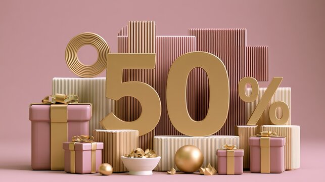 Abstract sale concept displays golden number fifty percent surrounded by gift boxes, representing promotional discounts and offers