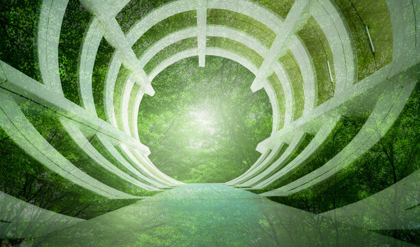 Sustainable green office building blended with lush forest canopy and circular architecture, eco friendly corporate development designed to reduce heat, carbon emissions and support climate goals.
