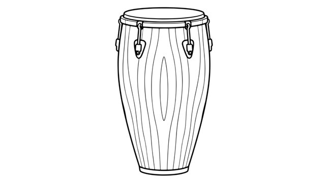 Black outline vector icon of a tall wooden conga drum with tension lugs, rim hoop and vertical grain stripes rendered in medium lines in centered upright composition emphasizing tapered shell