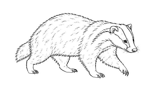 Black outline vector icon of a wild badger walking in side profile with striped head shaggy fur clawed paws and short tail drawn with thin lines in centered composition conveying bold forward motion