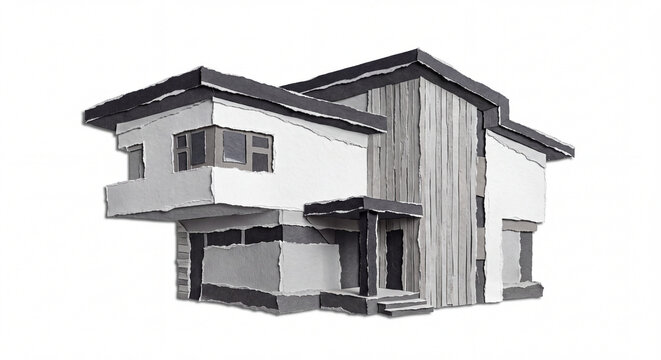 Modern Minimalist House Ripped Paper Craft Illustration Isolated on White Background, Monochrome Torn Paper Architecture Design