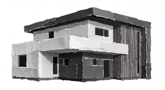 Modern Minimalist House Ripped Paper Craft Illustration Isolated on White Background, Monochrome Torn Paper Architecture Design