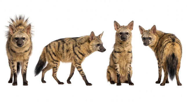 Four aardwolves in different poses on transparent background