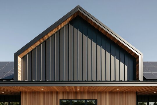 Gable end of modern barn home with black metal and wood siding against blue sky, barndominium architecture detail, gambrel roof home, rural contemporary design, country modern barn