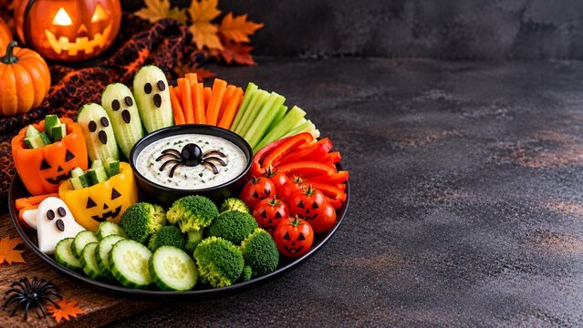 Healthy Halloween vegetable platter with cucumber ghosts, carrot sticks, celery, bell peppers, broccoli and cherry tomatoes arranged around a creamy dip decorated with an olive spider. Spooky party ap