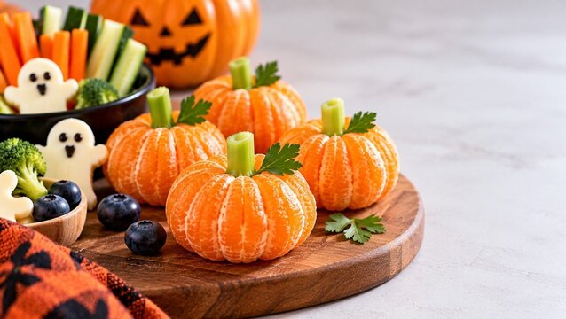 Cute peeled mandarin oranges shaped like miniature pumpkins with green stems, surrounded by ghost-shaped snacks, blueberries and fresh vegetables on a rustic wooden board. Bright healthy Halloween foo