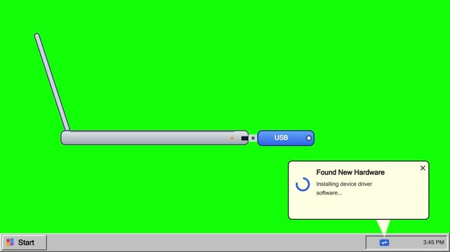 Retro USB plug connecting and safe to remove hardware notification on green screen background, representing external drive, device connection, and vintage computer.