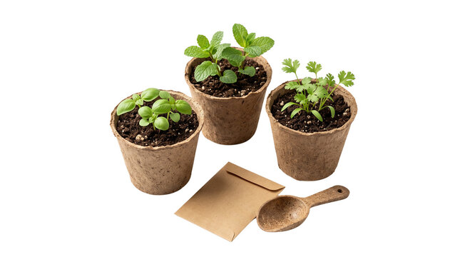 Organic herb seedlings in eco-friendly peat pots, sustainable gardening starter set with seed packet and scoop, indoor herb garden concept