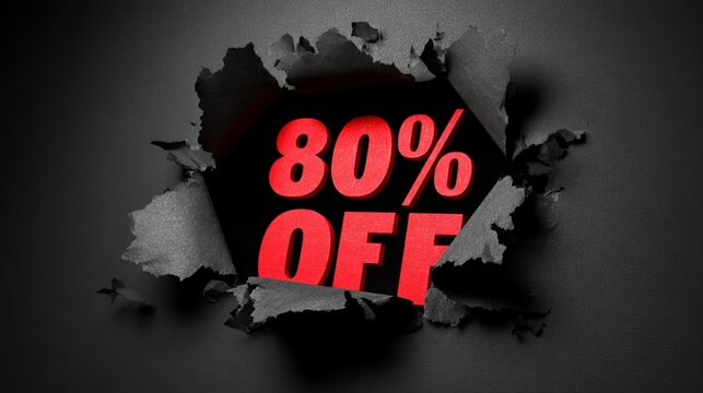 (Dramatic torn paper reveals discount offer, showcasing eighty percent off promotion, suitable for sales and marketing concept)