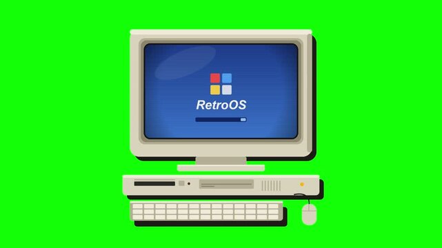 Beige desktop computer with monitor booting up text on green screen background, representing vintage PC startup and retro computer hardware.
