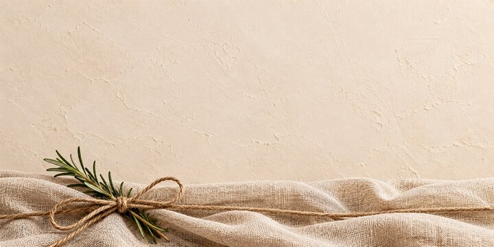 Natural burlap fabric banner wrapped with thin twine string and fresh rosemary sprig on neutral
