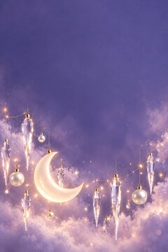 Decorative crescent moon and hanging icicle ornaments against a purple cloudy sky