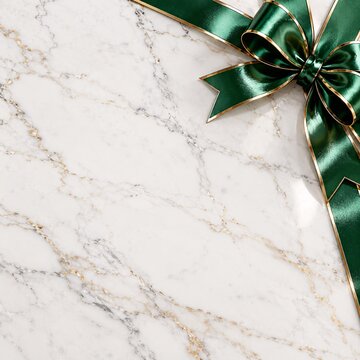 Dark green velvet gift bow placed on a light white marble surface with gold vein textures