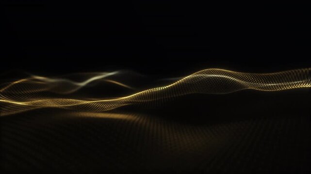 Fine gold particle waves rise and cross over black, forming a luminous mesh with ample dark space. Elegant luxury abstract loop.