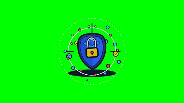 Premium 2D vector motion graphics of a Cyber Security Shield and Padlock protection pop-up on a solid chroma green (#00FF00) background. Features a bouncy, heavily guarded armor shield, an animating p
