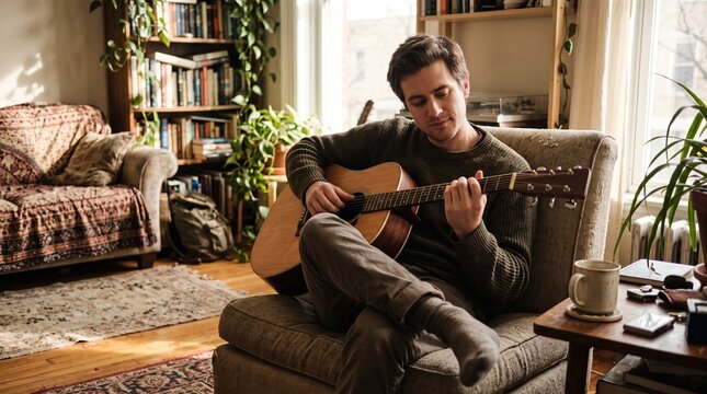 Man Playing Guitar in Cozy Living Room with Bookshelves and Plants