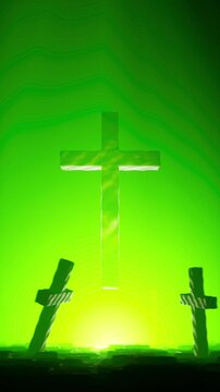 Floating metallic cross with changing colors, vertical 3D animation