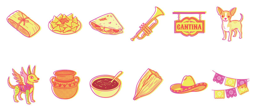Mexican culture and traditional food icons set with tamales nachos quesadilla trumpet cantina sign chihuahua alebrije clay pot sombrero and colorful papel picado garland