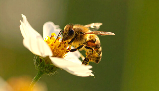 Bee Collecting Pollen: A detailed close-up shot captures a honeybee diligently collecting pollen from the vibrant yellow center of a white wildflower, set against a soft, blurred green background.