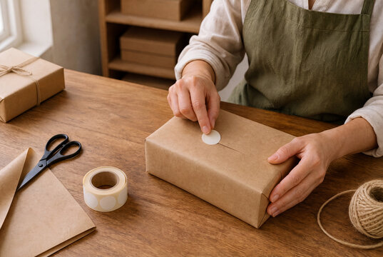 Hands sealing a kraft paper parcel with a blank round sticker