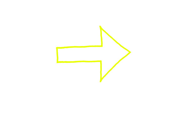 Large yellow hand drawn hollow block arrow pointing right, thin marker outline sketch doodle arrow, neon highlighter simple wide direction pointer symbol isolated on white background for presentation
