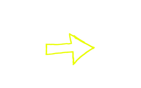 Yellow hand drawn hollow outline block arrow pointing right, thin marker sketch doodle double line arrow, neon highlighter simple direction pointer icon isolated on white background for web design